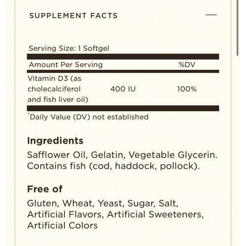 Solgar Vitamin D3 400 IU, 100 softgels - 1